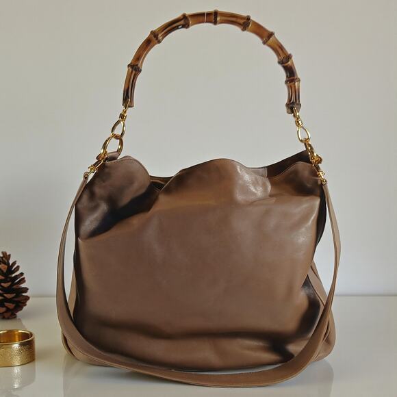 Authentic GUCCI Bamboo Leather Shoulder/Hand Bag Leather Brown Gold MSRP $1750 - Picture 3 of 16